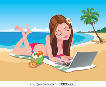 Vector illustration of a girl lying on the beach working at the computer, with a cocktail on the background of the sea.