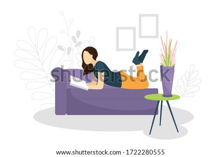 Vector illustration with a girl lying on a sofa and reading book. Girl at home reading magazin. Poster motivating to reding book and studying. For sites, articles, posters