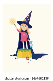 Vector illustration of a girl with a magic hat and a teddy bear. Perfect for greeting cards, invitations, decoration etc.