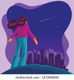 Vector illustration of a girl make a wish while looking at shooting star or star fall in the night sky. Fantasy science of meteor or asteroid entering atmosphere. Astrology or astronomy imagination.