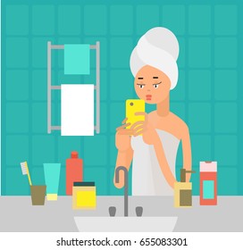 Vector illustration. The girl makes selfie. Bathroom. Flat character.
