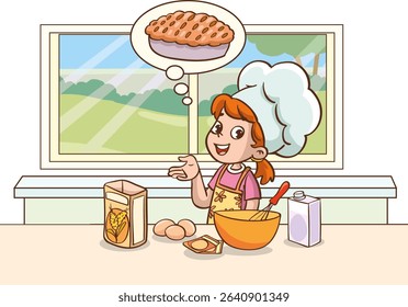 Vector illustration of girl making cake or bread in the kitchen