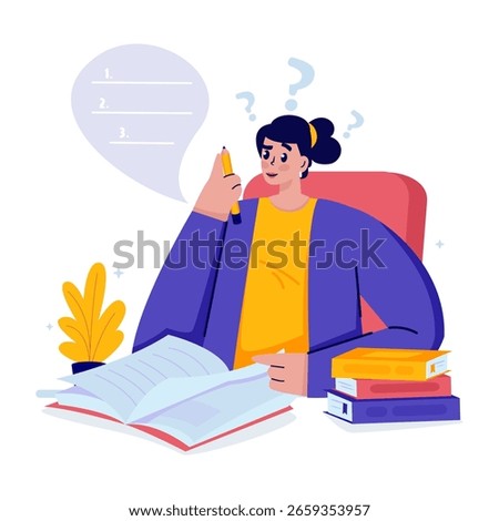 Vector illustration of girl making personal resolution list, A woman thinks about setting future goals