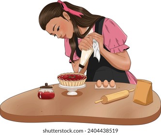 Vector illustration of a girl making pie for Christmas drawing