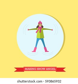Vector illustration of girl making snow angel. Winter people activities concept design element in flat style.