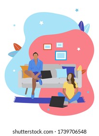 Vector illustration of a girl  and a man working on laptop at home. Out of office. Working from home. Home office. Web developer. Web designer