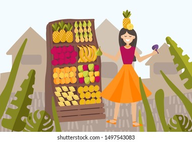 Vector illustration of a girl at the market with fruits. For the design of eco festivals, vegan shops, vegetable fairs, eco cafe.