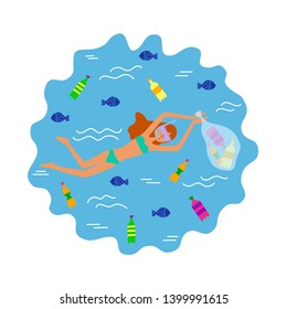 Vector illustration of girl with a mask swims and collects garbage. Ecological problem. Impurity of the sea and ocean before and after cleaning. Cartoon hand drawn logo template design