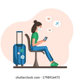 Vector illustration. A girl in a medical mask sits at the station, next to her is a suitcase. Waiting for departure and viewing social networks. Safe travel. Coronavirus, COVID-2019