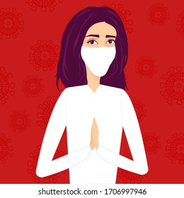 Ilustración vectorial. La chica, trabajadora médica con una máscara blanca protectora en su cara, dobló sus manos y reza a Dios por toda la gente. Concepto de coronavirus. Puede ser usado para banners, diseño web, afiches