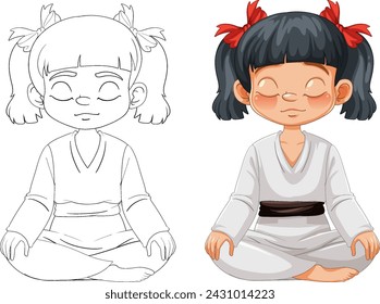 Vector illustration of a girl meditating, colored and outlined.