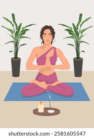 Vector illustration of girl meditating at home. A woman in a yoga pose.