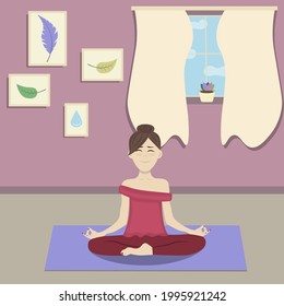 vector illustration of a girl meditating in lotus position at home, yoga, relax, rest