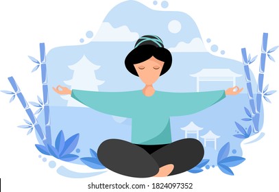 Vector illustration of a girl meditating on nature