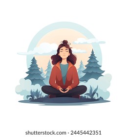 Vector Illustration of a girl, in a meditating pose outdoors with a serene expression, surrounded by trees under a soft sunset.