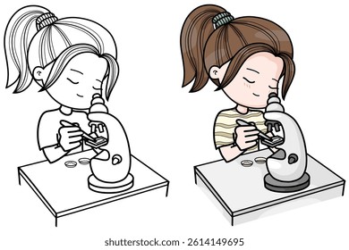 Vector illustration of a girl with a microscope, conducting experiments and research, International Women's Day, coloring activity.