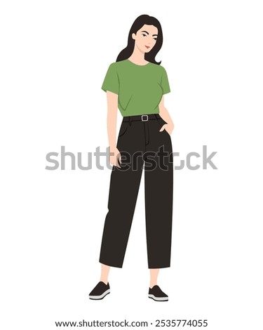 Vector illustration of a girl with a mint t-shirt and black pants. Simple casual