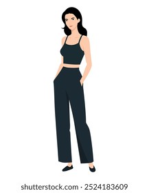 Ilustración vectorial de una chica en un look monocromático y elegante con un top negro y pantalones negros, perfecto para una noche de fiesta.