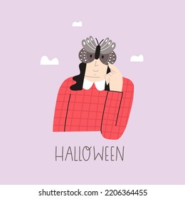 Vector illustration with a girl in a moth mask. Vector card for Halloween day.