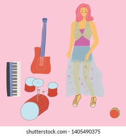 Vector illustration of a girl with musical instruments. Drums, keyboard, guitar on pink background.Vector background for flyer, poster. Flat vector Illustration for music festival.