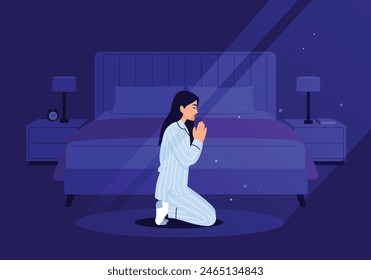 Vector illustration. A girl in a night room kneels with her hands folded and prays in the light of the moon	