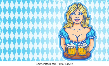 Vector illustration of a girl for Oktoberfest in retro style. Vector girl with beer in vintage style for Oktoberfest festival. Octoberfest girl with beer mugs.