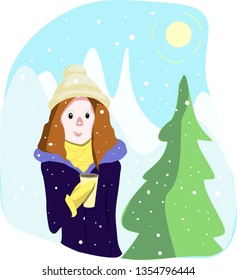 Vector illustration The girl on the background of snowy hills stands and drinks coffee. Redhead girl and blue jacket. The sun is shining, and the snow is falling. Camping, active lifestyle.