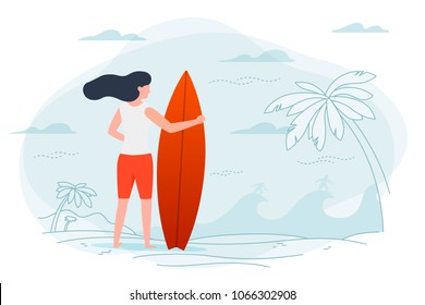 Vector illustration - girl on a beach, holding surfboard. Ocean, surfers, palms and hills on background. Banner, poster template with place for your text.