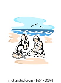 Vector illustration. Girl on the beach listening to music.