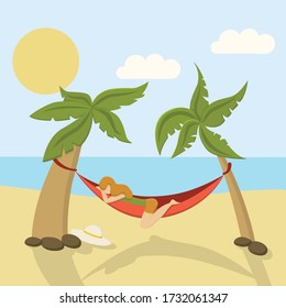 
Vector illustration of a girl on the beach sleeping in a hammock under palm trees on a background of the sea