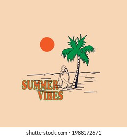 vector illustration girl on the beach with vintage style design, suitable for tshirt, apparel, merchandise, flyer poster and other necessities. 
color and text can be changed