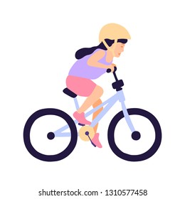 Vector illustration of girl on bicycle. Riding bike. Flat style