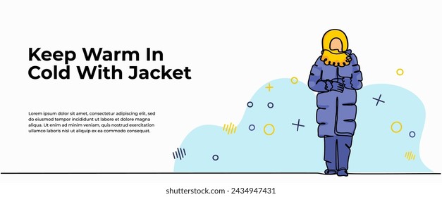 Vector illustration of  a girl on holiday in winter. Modern flat in continuous line style.