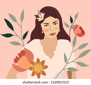 Ilustración vectorial de una muchacha con un fondo pastel aislado. Ilustración veraniega de una mujer morena y patrones de flores. Composición natural de moda para el avatar