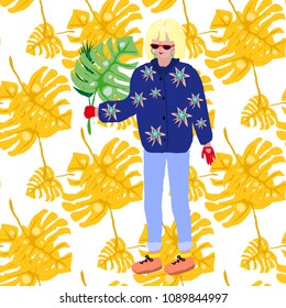 Vector illustration with girl on a pattern with tropical leaves . Fashion print. Girl power concept.