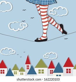Vector illustration of a girl on a rope up in the sky - circus acrobat