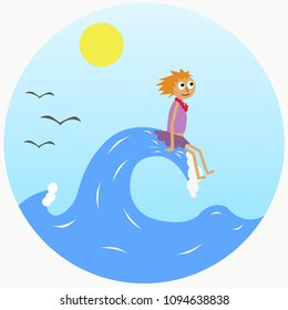 Vector illustration of a girl on a sea wave in flat design