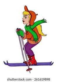 Vector illustration, girl on skis, cartoon concept, white background