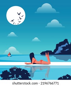 Vector illustration of a girl on vacation lies swimming and relaxing in the pool of her villa and admiring the beautiful sunset