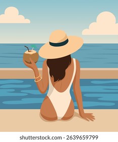 Vector illustration of a girl on vacation, in a swimsuit and hat by the pool with a coconut. Summer vacation, style, relaxation and vacation atmosphere. Ideal for travel and lifestyle content