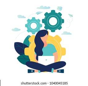vector illustration of a girl online assistant at work. promotion in the network. manager at a remote job vector