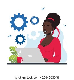 vector illustration of girl online assistant at work. promotion in the network. manager at a remote job.a  business mechanism, abstract background with gears, business promotion, strategy analysis