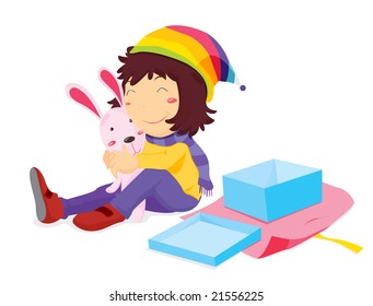 vector illustration of a girl opening a present