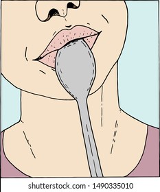 vector illustration. Girl (or guy) with a spoon on her (his) lips, pastel colors, for textile decor, t-shirts, dessert packaging. Demonstrates how she (he) eats dishes, like a selfie.