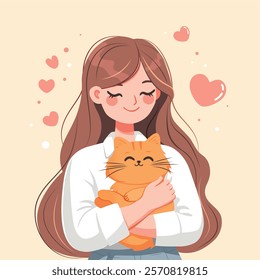 Vector Illustration Of A Girl With An Orange Cat