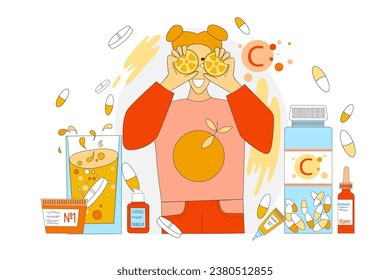 Vector illustration of a girl with oranges in the hands among jars, cones, capsules, tablets and vitamins, badds. Vitamin C in tablets jars and capsules on a white isolated background