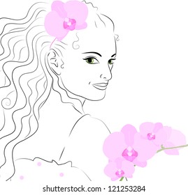 Vector illustration. Girl with orchids.