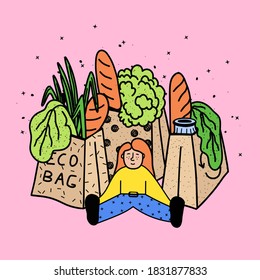 vector illustration girl with packages from organic food store.Healthy lifestyle, eco-friendly food in biodegradable bags.Shopping at the vegetable fair. Fresh greens, bread, milk, salad