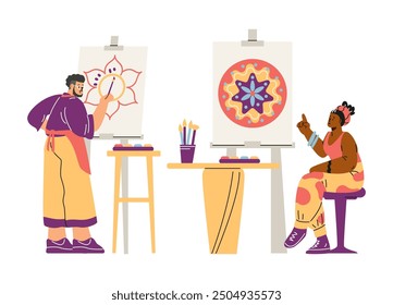 Ilustración vectorial con una profesora de pintura de chicas y su alumna que pinta un mandala sobre lienzo sobre fondo blanco. Arteterapia a través del dibujo meditativo