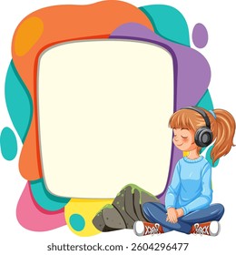 Vector illustration of girl peacefully listening to music with headphones